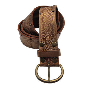 Lucky Brand Womens Sz L Brown Leather Belt Dusted Gold Embossed Boho